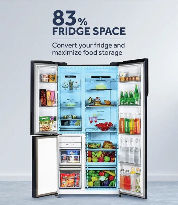 Haier HRT-683GOG, 598 Litre 3 Star 3 Door Side by Side Inverter Refrigerator with Digital Control Panel, 83% Convertible Fridge, Grey Onyx Glass