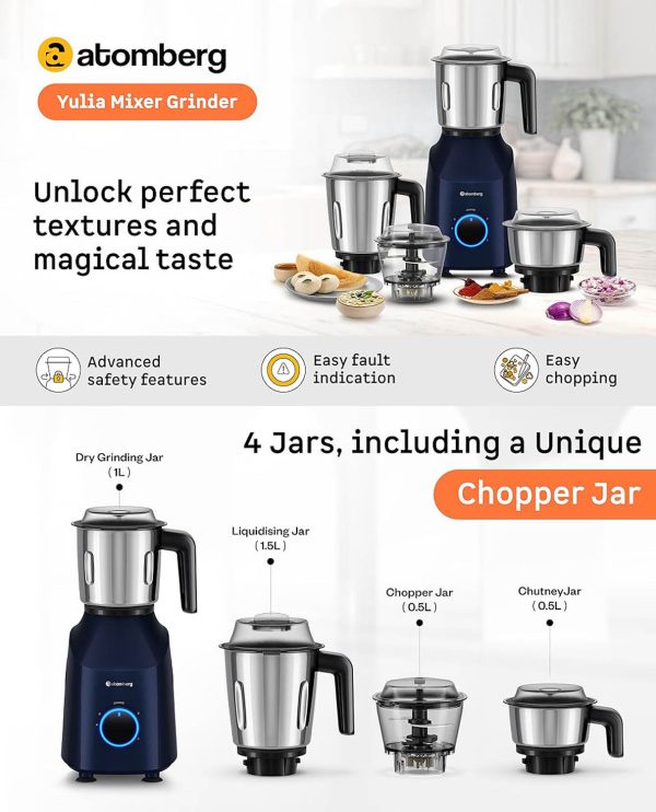 Atomberg Yulia, 750 Watt Mixer Grinder with Unique Coarse Mode, Advanced Safety Features, 4 Multi-functional Jars including Chopper Jar, Gloss Black