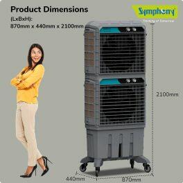 Symphony Movicool DD, 125 Litre Double Decker Desert Air Cooler with 3 Side HoneyComb Pad and Lockable Heavy Duty Wheels, Grey