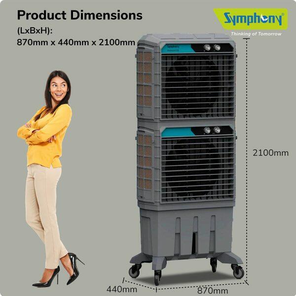 Symphony Movicool DD, 125 Litre Double Decker Desert Air Cooler with 3 Side HoneyComb Pad and Lockable Heavy Duty Wheels, Grey