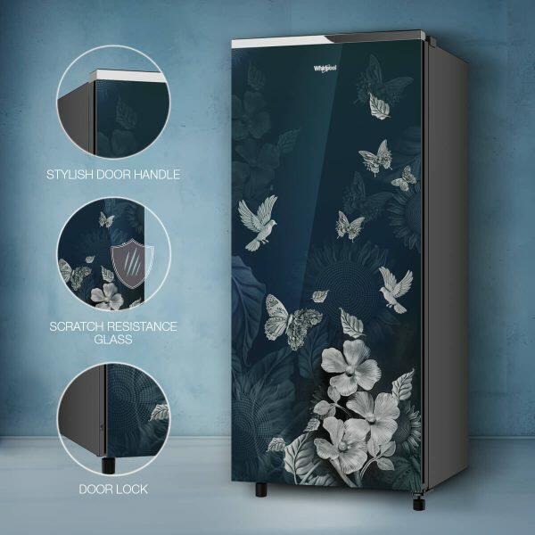 Whirlpool 215 IMPRO GD PRM, 192 Litre 4 Star Icemagic Pro Direct Cool-Single Door Glass Finish Refrigerator with Inverter Compressor and and Upto 7 Days Garden Freshness, Silvia