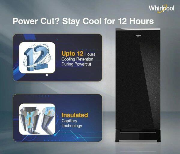 Whirlpool 215 IMPRO GD ROY, 192 Litre 5 Star Icemagic Pro Glass Finish Direct Cool-Single Door Refrigerator With Base Drawer, Inverter Compressor, CRYSTAL BLACK