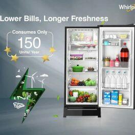 Whirlpool 215 IMPRO GD ROY, 192 Litre 5 Star Icemagic Pro Glass Finish Direct Cool-Single Door Refrigerator With Base Drawer, Inverter Compressor, CRYSTAL BLACK