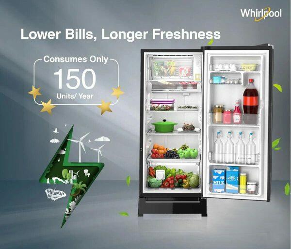 Whirlpool 215 IMPRO GD ROY, 192 Litre 5 Star Icemagic Pro Glass Finish Direct Cool-Single Door Refrigerator With Base Drawer, Inverter Compressor, CRYSTAL BLACK