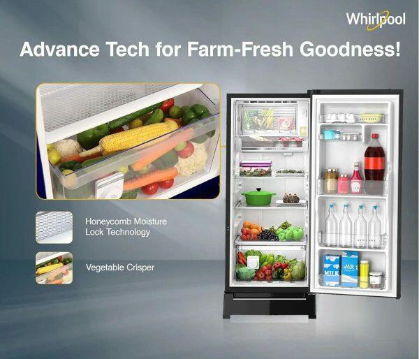 Whirlpool 215 IMPRO GD ROY, 192 Litre 5 Star Icemagic Pro Glass Finish Direct Cool-Single Door Refrigerator With Base Drawer, Inverter Compressor, CRYSTAL BLACK