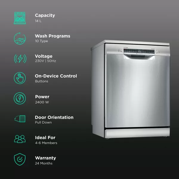 Bosch SMS6IKI01I, 14 Place Dishwasher with Wi-Fi, Steam, Dosage Assist and Rackmatic, Silver Inox