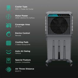 Symphony Movicool, 200 Litre Large Space Commercial Air Cooler with 3 Side HoneyComb Pads, Grey