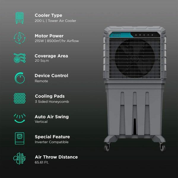 Symphony Movicool, 200 Litre Large Space Commercial Air Cooler with 3 Side HoneyComb Pads, Grey