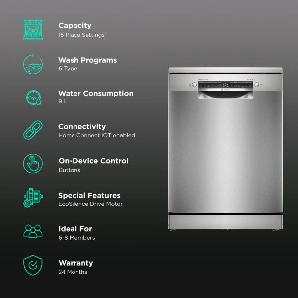 Bosch SMS6HMI00I, 15 Place Free-Standing Dishwasher with Wi-Fi, Steam, Rackmatic, VarioFlex Baskets and Vario Drawer, Silver