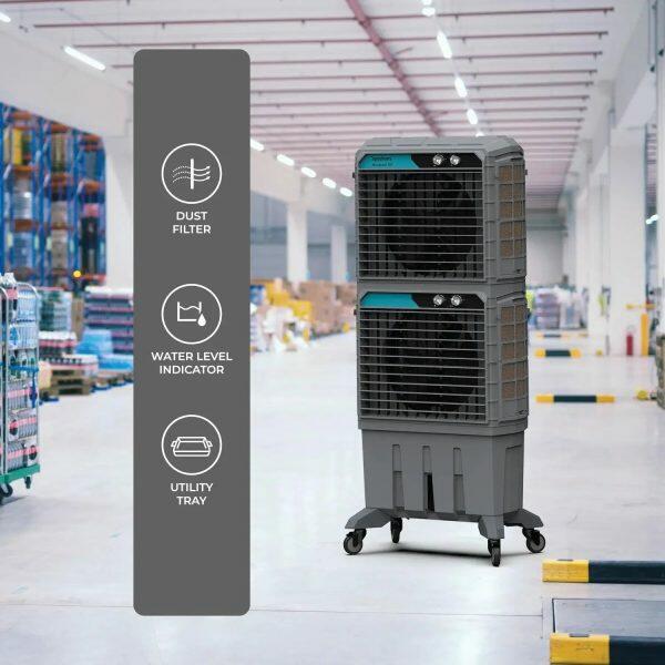 Symphony Movicool DD, 125 Litre Double Decker Desert Air Cooler with 3 Side HoneyComb Pad and Lockable Heavy Duty Wheels, Grey
