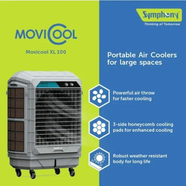 Symphony Movicool XE, 100 Litre Desert Air Cooler with 3-Side Honeycomb Pads, 21 Meter Air Throw and Heavy Duty Wheels, Grey