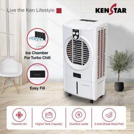 Kenstar Turbcool Neo, 50 Litre Desert Air Cooler with Wood Wool Cooling Pads, Motorised Louvre Movement, Ice Chamber, Powerful Fan and Inverter Compatible, White