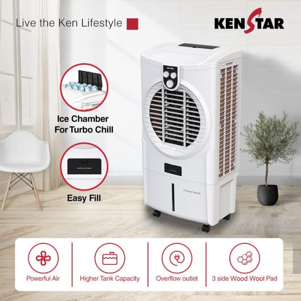 Kenstar Turbcool Neo, 50 Litre Desert Air Cooler with Wood Wool Cooling Pads, Motorised Louvre Movement, Ice Chamber, Powerful Fan and Inverter Compatible, White