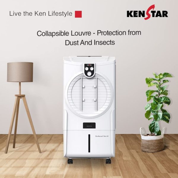 Kenstar Turbcool Neo, 50 Litre Desert Air Cooler with Wood Wool Cooling Pads, Motorised Louvre Movement, Ice Chamber, Powerful Fan and Inverter Compatible, White