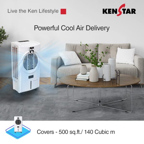 Kenstar Turbcool Neo, 50 Litre Desert Air Cooler with Wood Wool Cooling Pads, Motorised Louvre Movement, Ice Chamber, Powerful Fan and Inverter Compatible, White
