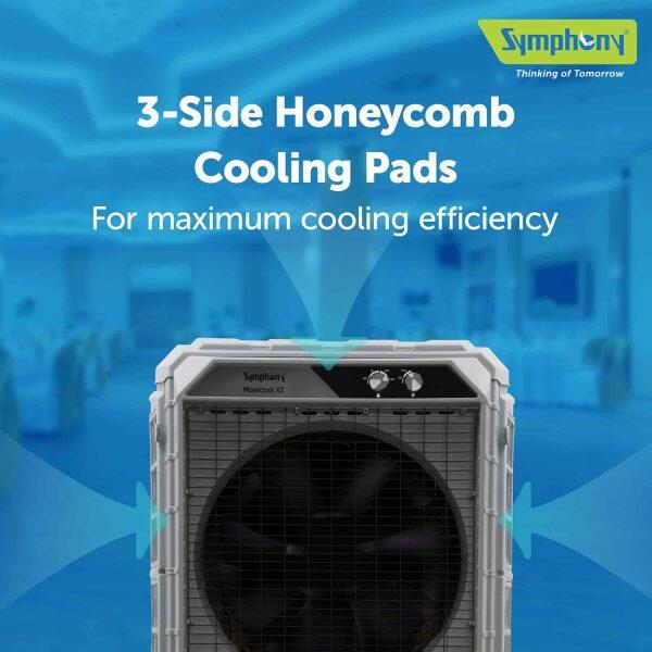 Symphony Movicool XE, 100 Litre Desert Air Cooler with 3-Side Honeycomb Pads, 21 Meter Air Throw and Heavy Duty Wheels, Grey
