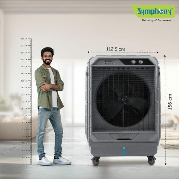 Symphony Movicool XE, 100 Litre Desert Air Cooler with 3-Side Honeycomb Pads, 21 Meter Air Throw and Heavy Duty Wheels, Grey