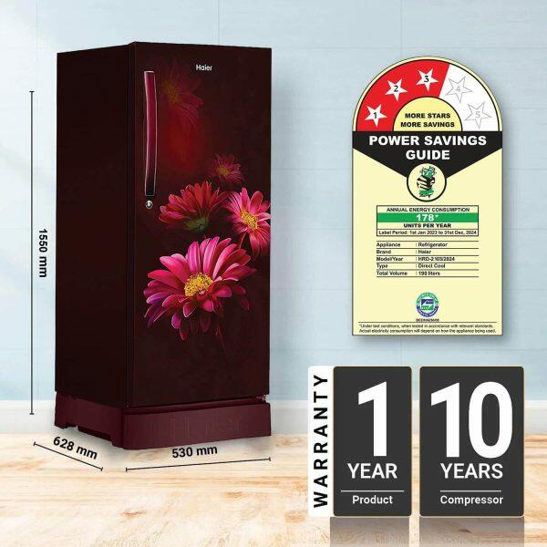 Haier HRD-2103PRH-P, 190 Litre 3 Star Single Door Refrigerator with One Hour Icing Technology and Stabilizer Free Operation, Red Hilton