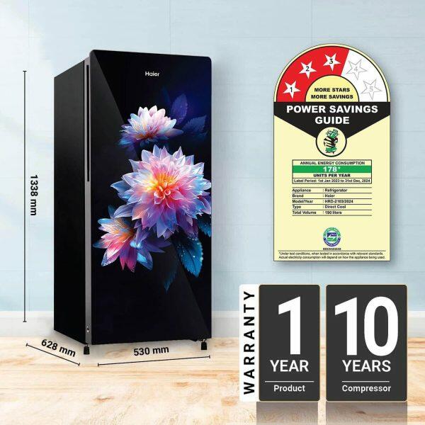 Haier HRD-2103CLG-P, 190 Litre 3 Star Direct Cool-Single Door Refrigerator, One Hour Icing Technology and Stabilizer Free Operation, Luminus Glass