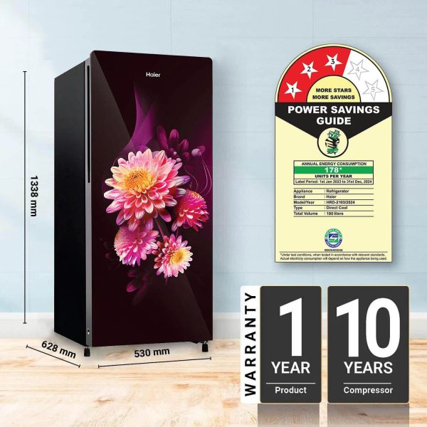 Haier HRD-2103CDG-P, 190 Litre 3 Star Direct Cool-Single Door With Base Drawer Refrigerator, One Hour Icing Technology and Stabilizer Free Operation, Daisy Glass