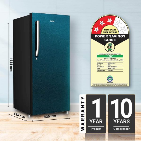Haier HRD-2103BSB, 190 Litre 3 Star Direct Cool-Single Door Refrigerator with One Hour Icing Technology and Stabilizer Free Operation, Sparkle Blue
