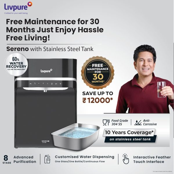 Livpure Sereno, 8-Stage Filtration Water Purifier, RO+UV+UF+Minerals +Copper | 5.5 Litre Stainless Steel Tank, No Service Cost for 2.5 Years, Black