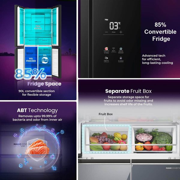 Haier HRB-600KGU1, 520 L 3 Star Lumiere Series Wi-Fi enabled 4-Door Side by Side frost free Refrigerator with 85% Convertible Fridge & Expert Inverter Technology, Black Glass