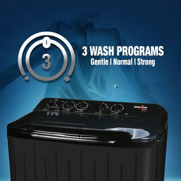 Kenstar WM WM KS80PL-BGU7, Semi Automatic Washing Machine (8 KG), 3 wash programs,Aqua Force Technology, Black Grey
