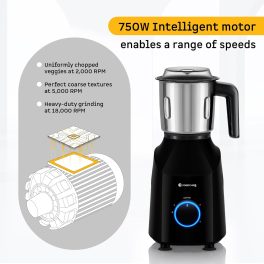 Atomberg Yulia, 750 Watt Mixer Grinder with Unique Coarse Mode, Advanced Safety Features, 4 Multi-functional Jars including Chopper Jar, Gloss Black