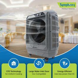 Symphony Movicool XE, 100 Litre Desert Air Cooler with 3-Side Honeycomb Pads, 21 Meter Air Throw and Heavy Duty Wheels, Grey