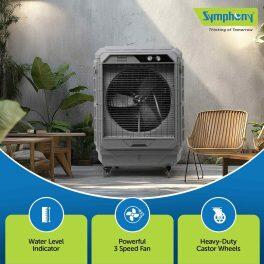 Symphony Movicool XE, 100 Litre Desert Air Cooler with 3-Side Honeycomb Pads, 21 Meter Air Throw and Heavy Duty Wheels, Grey
