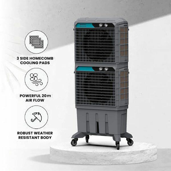 Symphony Movicool DD, 125 Litre Double Decker Desert Air Cooler with 3 Side HoneyComb Pad and Lockable Heavy Duty Wheels, Grey