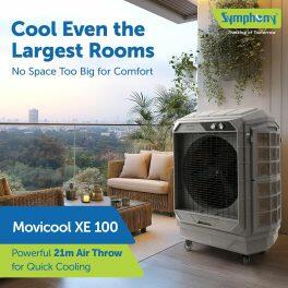 Symphony Movicool XE, 100 Litre Desert Air Cooler with 3-Side Honeycomb Pads, 21 Meter Air Throw and Heavy Duty Wheels, Grey