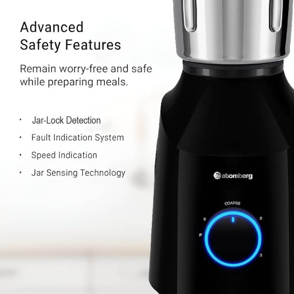 Atomberg Yulia, 750 Watt Mixer Grinder with Unique Coarse Mode, Advanced Safety Features, 4 Multi-functional Jars including Chopper Jar, Gloss Black