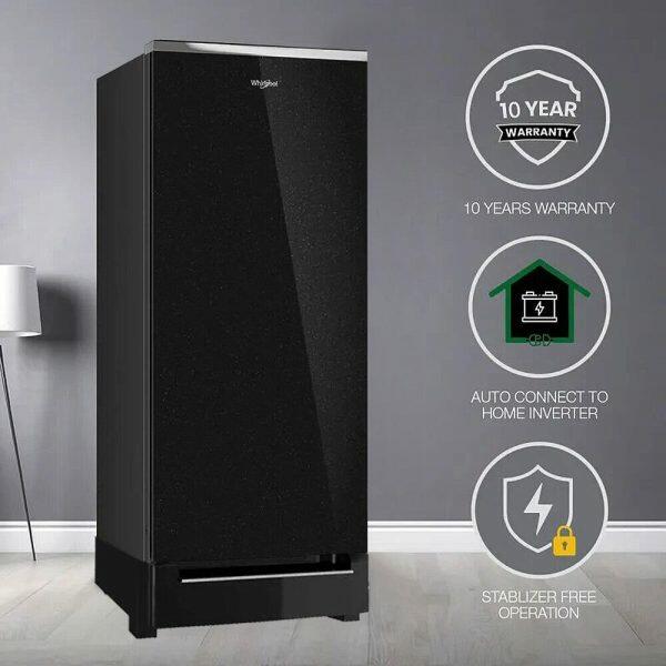 Whirlpool 215 IMPRO GD ROY, 192 Litre 5 Star Icemagic Pro Glass Finish Direct Cool-Single Door Refrigerator With Base Drawer, Inverter Compressor, CRYSTAL BLACK