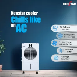 Kenstar TURBOCOOL NEO HC 27 GA WH, 27 Litre Desert Air Cooler with 3 Side HoneyComb Pads, Motorised Louvre Movement, Powerful Fan and Inverter Compatible, White