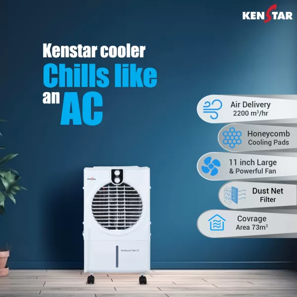 Kenstar TURBOCOOL NEO HC 27 GA WH, 27 Litre Desert Air Cooler with 3 Side HoneyComb Pads, Motorised Louvre Movement, Powerful Fan and Inverter Compatible, White
