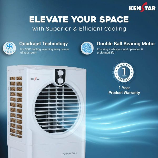 Kenstar TURBOCOOL NEO HC 45 GA WH, 45 Litre Desert Air Cooler with 3 Side HoneyComb Pads, Motorised Louvre Movement, Powerful Fan and Inverter Compatible, White
