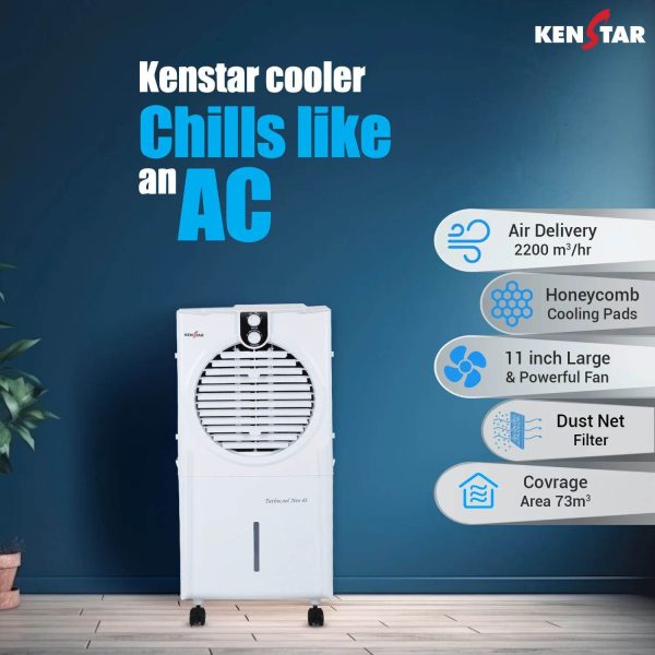Kenstar TURBOCOOL NEO HC 45 GA WH, 45 Litre Desert Air Cooler with 3 Side HoneyComb Pads, Motorised Louvre Movement, Powerful Fan and Inverter Compatible, White