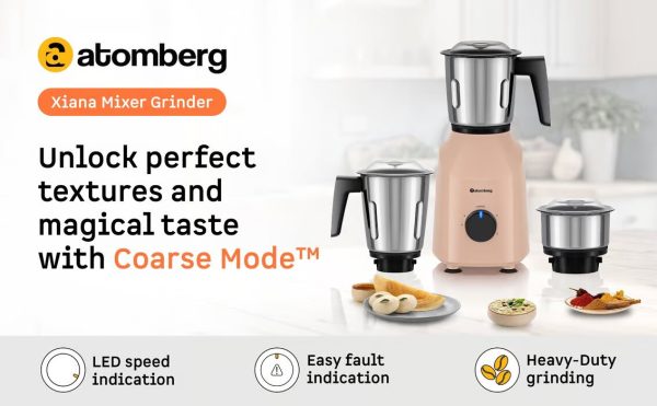 Atomberg Xiana Mixer Grinder With Unique Coarse Mode 3 Jars With Powerful 750W Intelligent Motor, Peach Blossom