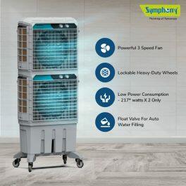 Symphony Movicool DD, 125 Litre Double Decker Desert Air Cooler with 3 Side HoneyComb Pad and Lockable Heavy Duty Wheels, Grey