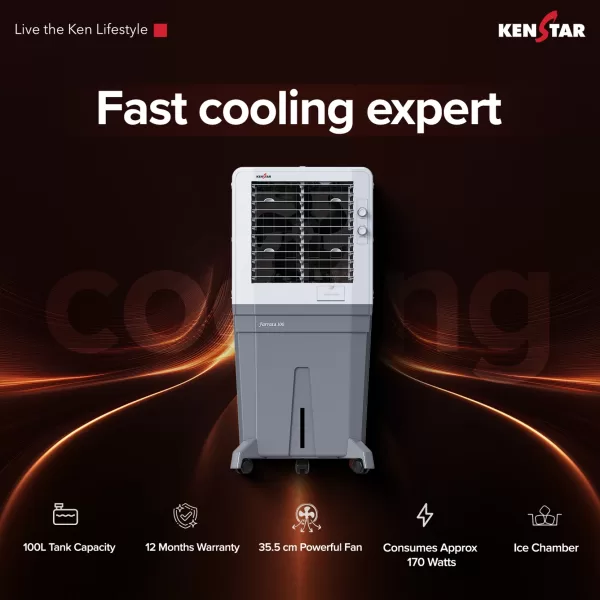 Kenstar Farrata HC 100, Desert Air Cooler (100 Liter), Home - Inverter Compatible, Honeycomb Cooling Pads, Quadraflow Technology, Double Ball Bearing Motor, Grey