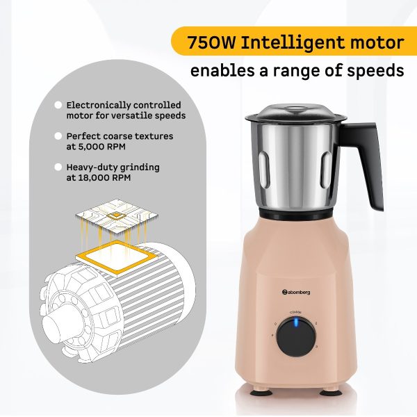 Atomberg Xiana Mixer Grinder With Unique Coarse Mode 3 Jars With Powerful 750W Intelligent Motor, Peach Blossom