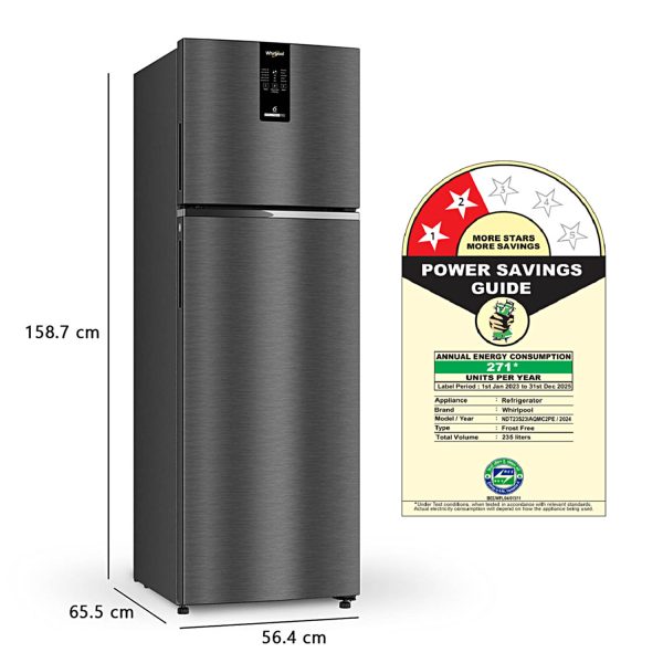 Whirlpool IFPRO INV CNV 278, 235L 2 Star Intellifresh Pro 10 in 1 Convertible Frost Free Double-Door Refrigerator, 10 Years Warranty on Compressor, STEEL ONYX