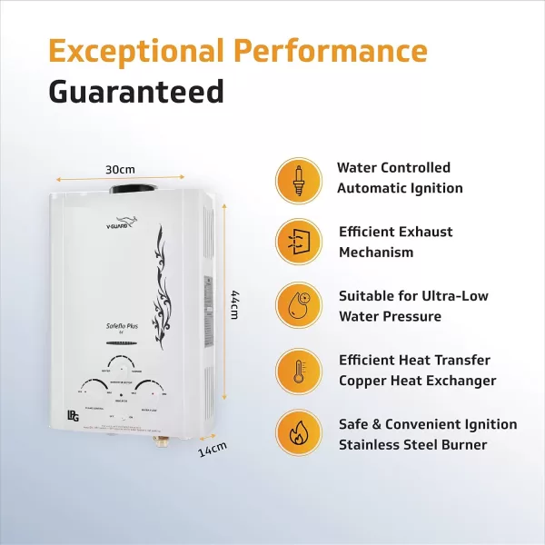 V-Guard Safeflo Prime 6Lit LPG Gas Geyser | Non storage water heater | 6Ltr Capacity | 2 Yr Warranty | (Wall Mounting) |(White)