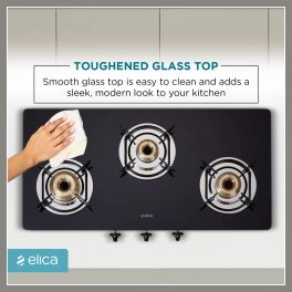Elica 773 Ct Dt Vetro, 3 Burner Glass Top Cook-top with Stainless Steel Burner and Double Drip Tray, Black
