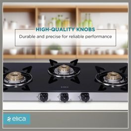 Elica 773 Ct Dt Vetro, 3 Burner Glass Top Cook-top with Stainless Steel Burner and Double Drip Tray, Black