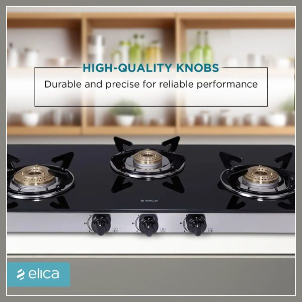 Elica 773 Ct Dt Vetro, 3 Burner Glass Top Cook-top with Stainless Steel Burner and Double Drip Tray, Black