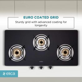 Elica 773 Ct Dt Vetro, 3 Burner Glass Top Cook-top with Stainless Steel Burner and Double Drip Tray, Black