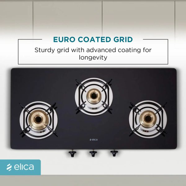 Elica 773 Ct Dt Vetro, 3 Burner Glass Top Cook-top with Stainless Steel Burner and Double Drip Tray, Black
